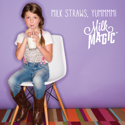 Girl with Milk Magic straw on purple background
